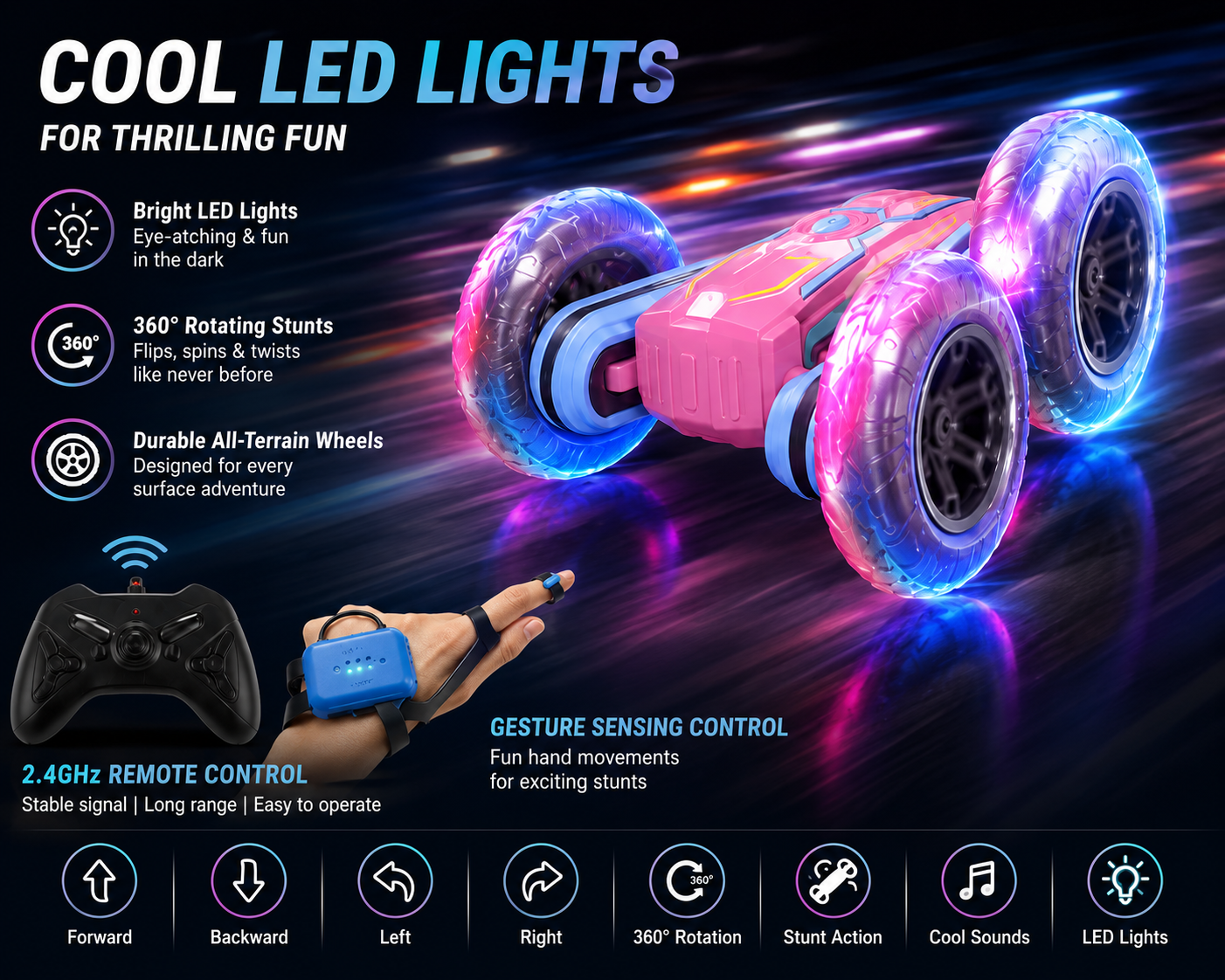 SCOFFCO OS1486 RC Stunt Car | 2.4GHz Remote Control 360° Rotating Drift Car | Rechargeable LED Double-Sided All-Terrain Vehicle | Gift for Kids Boys & Girls (TZM)