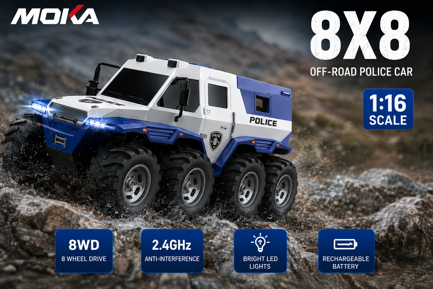 SCOFFCO OS1509 1:16 Scale RC Police Truck | 6-Wheel Off-Road Remote Control Vehicle | Rechargeable High-Traction Monster Truck | Gift for Kids Boys & Girls (TZM)