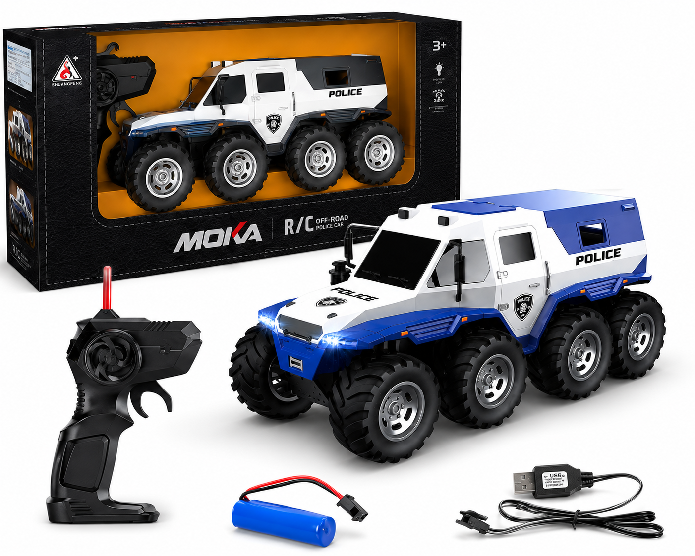 SCOFFCO OS1509 1:16 Scale RC Police Truck | 6-Wheel Off-Road Remote Control Vehicle | Rechargeable High-Traction Monster Truck | Gift for Kids Boys & Girls (TZM)