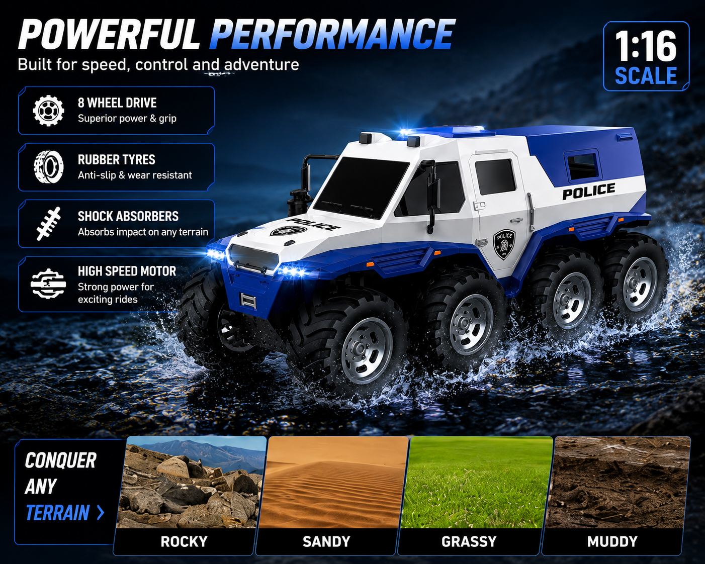 SCOFFCO OS1509 1:16 Scale RC Police Truck | 6-Wheel Off-Road Remote Control Vehicle | Rechargeable High-Traction Monster Truck | Gift for Kids Boys & Girls (TZM)