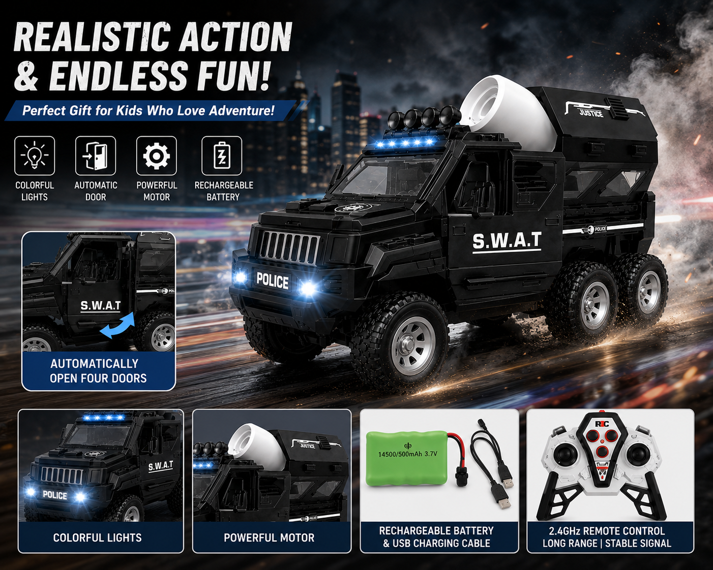 SCOFFCO OS1524 RC SWAT Armored Vehicle | 2.4GHz Remote Control 6-Wheel Police Truck | Rechargeable LED Lights, Sound & Auto Opening Doors | Gift for Kids Boys & Girls (TZM)