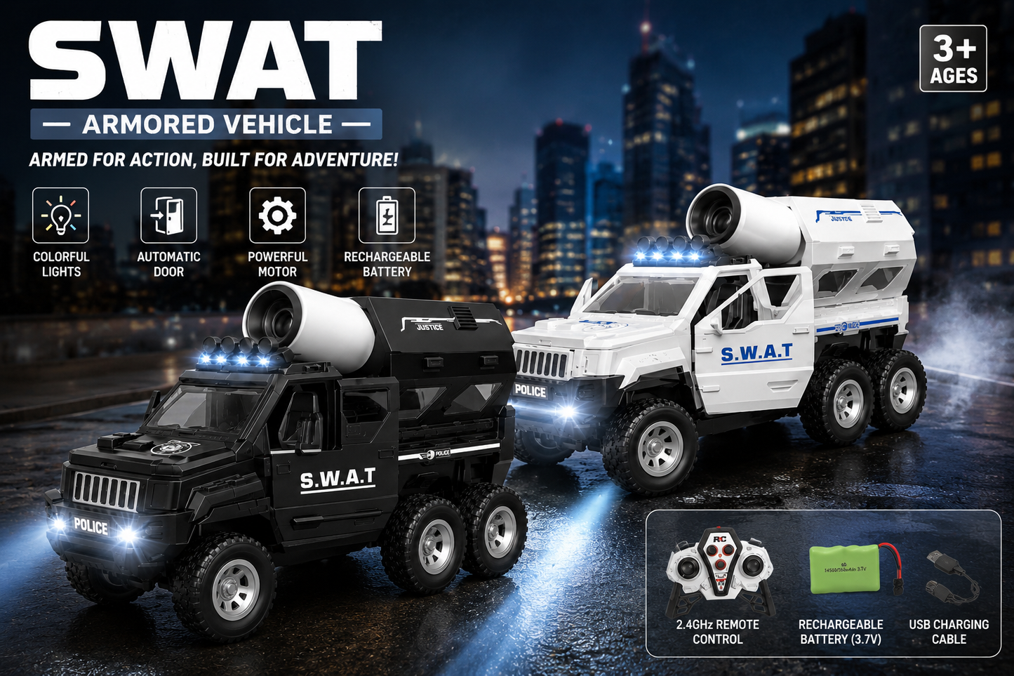 SCOFFCO OS1524 RC SWAT Armored Vehicle | 2.4GHz Remote Control 6-Wheel Police Truck | Rechargeable LED Lights, Sound & Auto Opening Doors | Gift for Kids Boys & Girls (TZM)