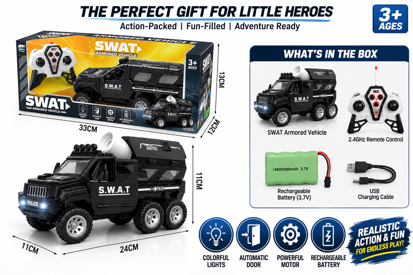 SCOFFCO OS1524 RC SWAT Armored Vehicle | 2.4GHz Remote Control 6-Wheel Police Truck | Rechargeable LED Lights, Sound & Auto Opening Doors | Gift for Kids Boys & Girls (TZM)