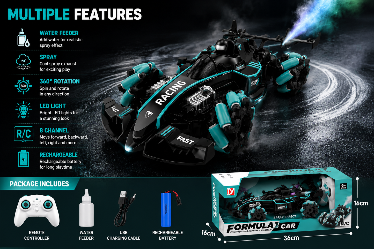 SCOFFCO OS1532 Formula 1 RC Racing Car | 2.4GHz Remote Control F1 Car with Mist Spray, LED Lights & Drift Action | Rechargeable High-Speed Toy | Gift for Kids Boys & Girls (TZM)