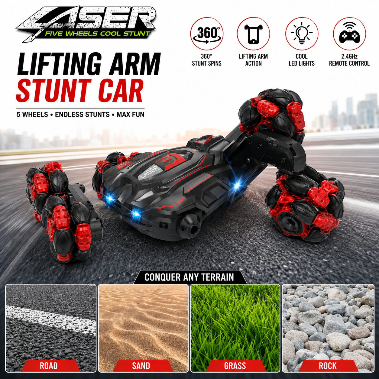 SCOFFCO OS1071 5-Wheel RC Stunt Car | 2.4GHz Remote Control 360° Rotating Drift Car | Rechargeable All-Terrain Off-Road Vehicle with LED Lights | Gift for Kids Boys & Girls (TZM)