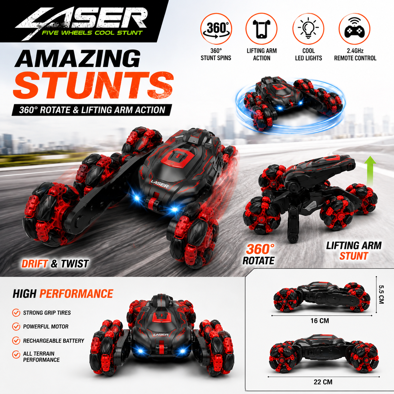 SCOFFCO OS1071 5-Wheel RC Stunt Car | 2.4GHz Remote Control 360° Rotating Drift Car | Rechargeable All-Terrain Off-Road Vehicle with LED Lights | Gift for Kids Boys & Girls (TZM)