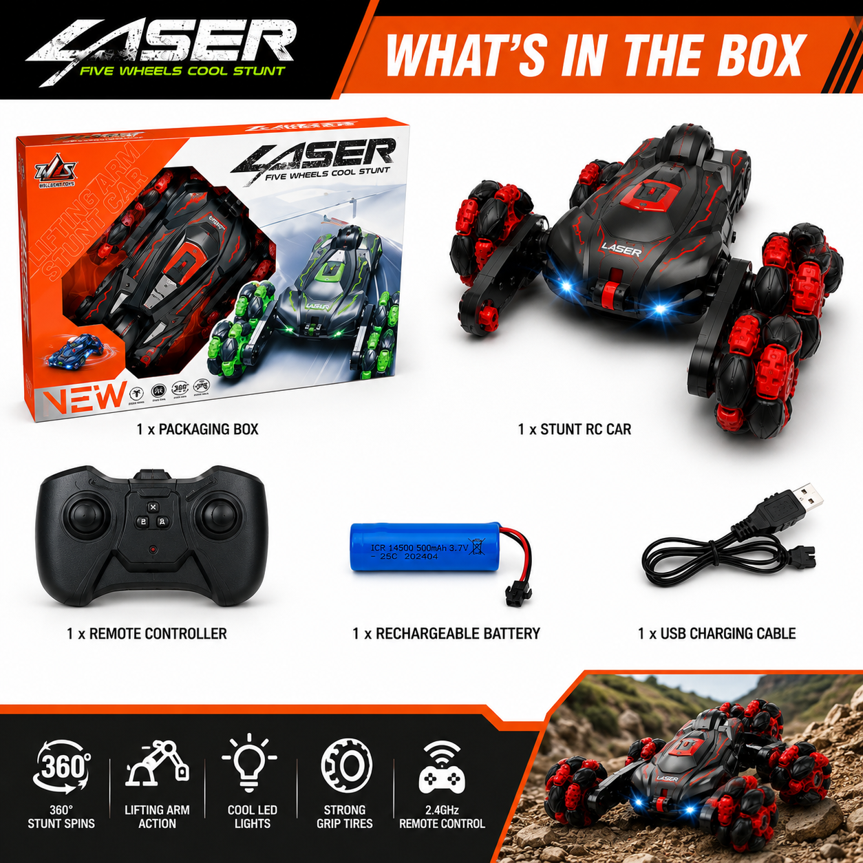 SCOFFCO OS1071 5-Wheel RC Stunt Car | 2.4GHz Remote Control 360° Rotating Drift Car | Rechargeable All-Terrain Off-Road Vehicle with LED Lights | Gift for Kids Boys & Girls (TZM)