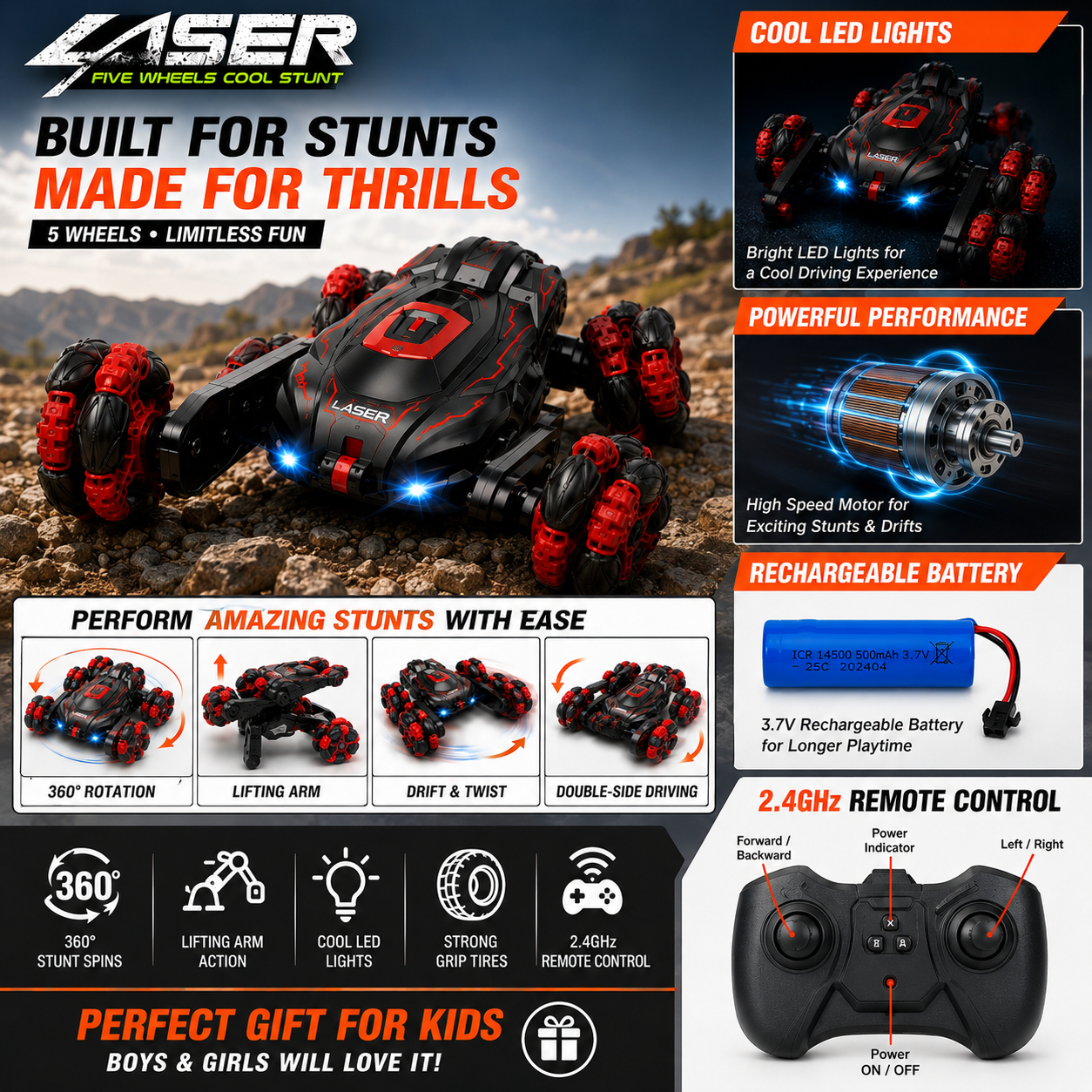 SCOFFCO OS1071 5-Wheel RC Stunt Car | 2.4GHz Remote Control 360° Rotating Drift Car | Rechargeable All-Terrain Off-Road Vehicle with LED Lights | Gift for Kids Boys & Girls (TZM)