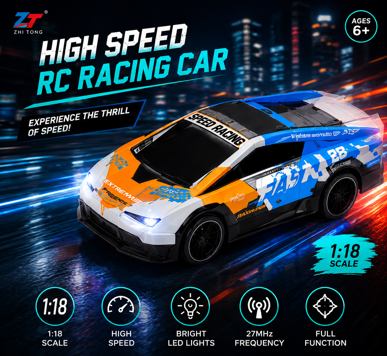 SCOFFCO OS1615 1:18 Scale RC Sports Racing Car | 27MHz Remote Control Car with LED Lights | Rechargeable High-Speed Racing Toy | Gift for Kids Boys & Girls (TZM)