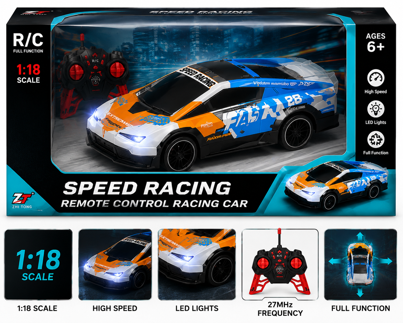 SCOFFCO OS1615 1:18 Scale RC Sports Racing Car | 27MHz Remote Control Car with LED Lights | Rechargeable High-Speed Racing Toy | Gift for Kids Boys & Girls (TZM)