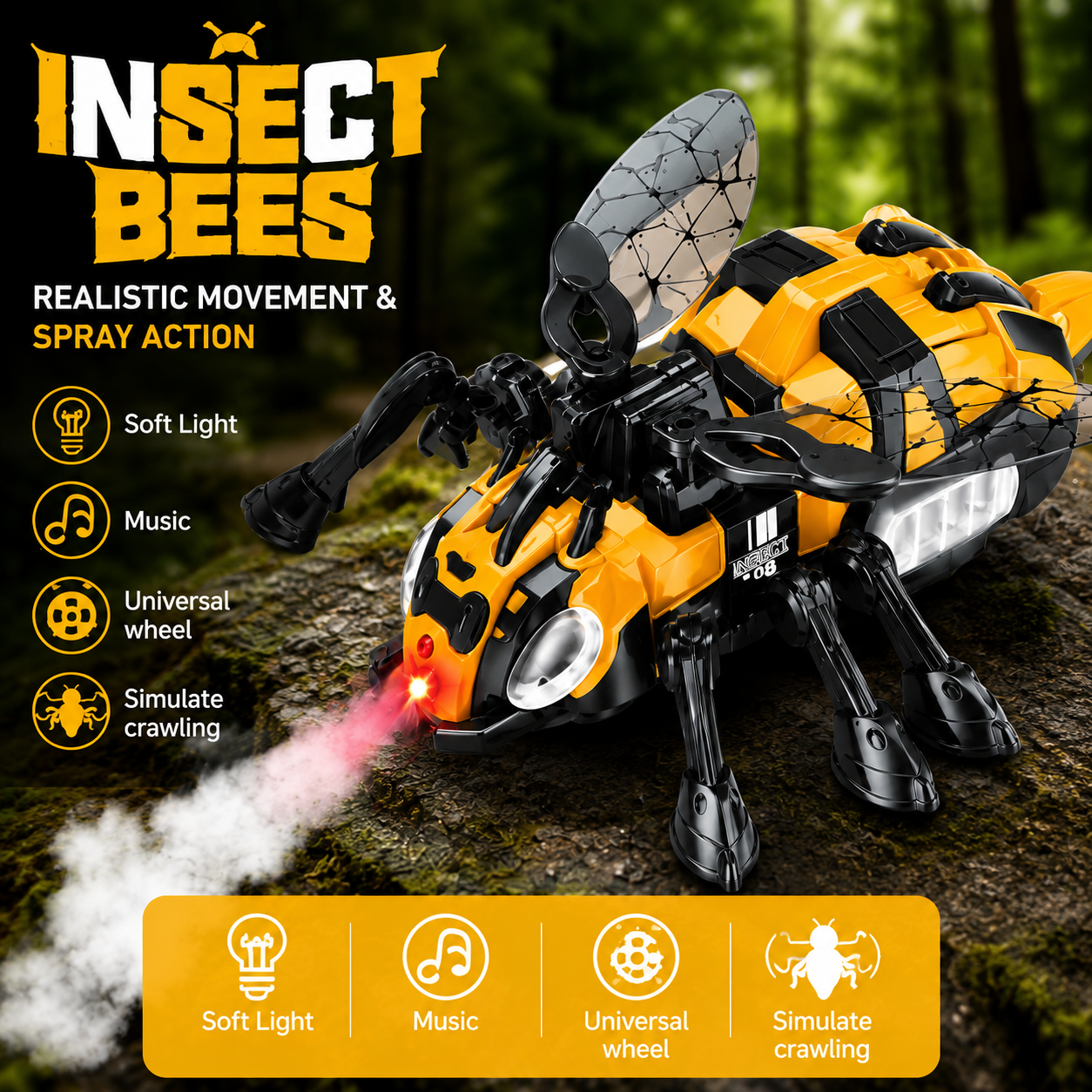 SCOFFCO OS1626 Insect Bees Remote Control Toy with Lights, Music, Flapping Wings & Crawling Action | 2.4GHz RC Rechargeable Bee Robot Toy for Kids Boys & Girls Age 3+ (TZM)