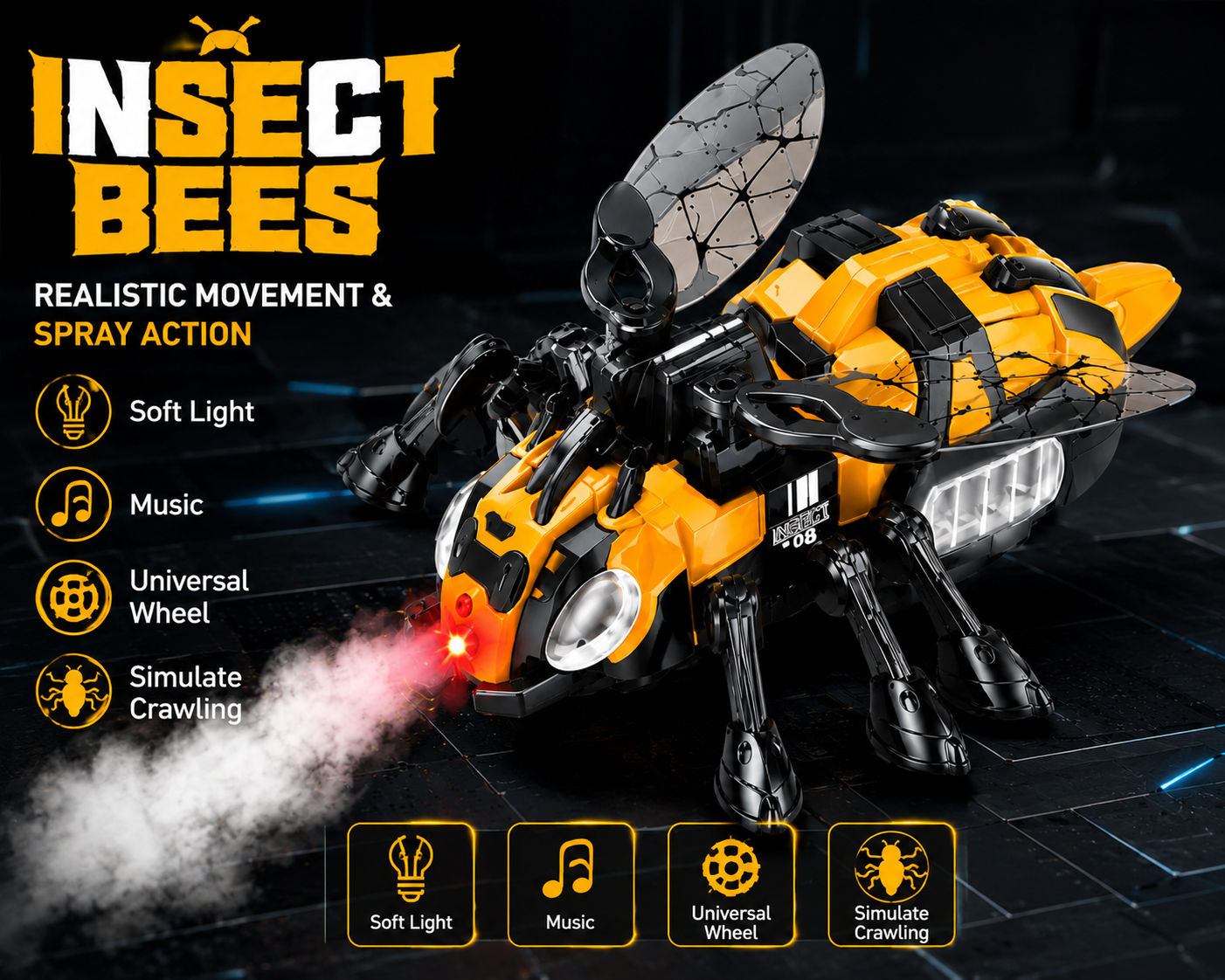 SCOFFCO OS1626 Insect Bees Remote Control Toy with Lights, Music, Flapping Wings & Crawling Action | 2.4GHz RC Rechargeable Bee Robot Toy for Kids Boys & Girls Age 3+ (TZM)