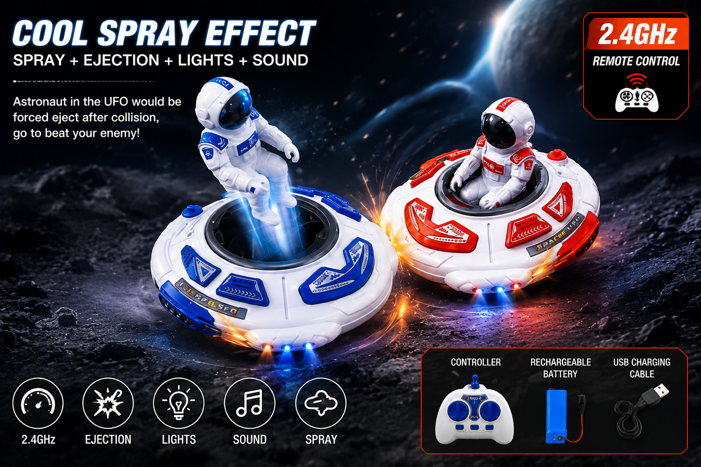 SCOFFCO OS1630 Space UFO Remote Control Battle Toy Set with Astronaut, Spray Mist, LED Lights & Sound | Rechargeable RC Flying Saucer Toy for Kids Boys & Girls Age 3+ (TZM)