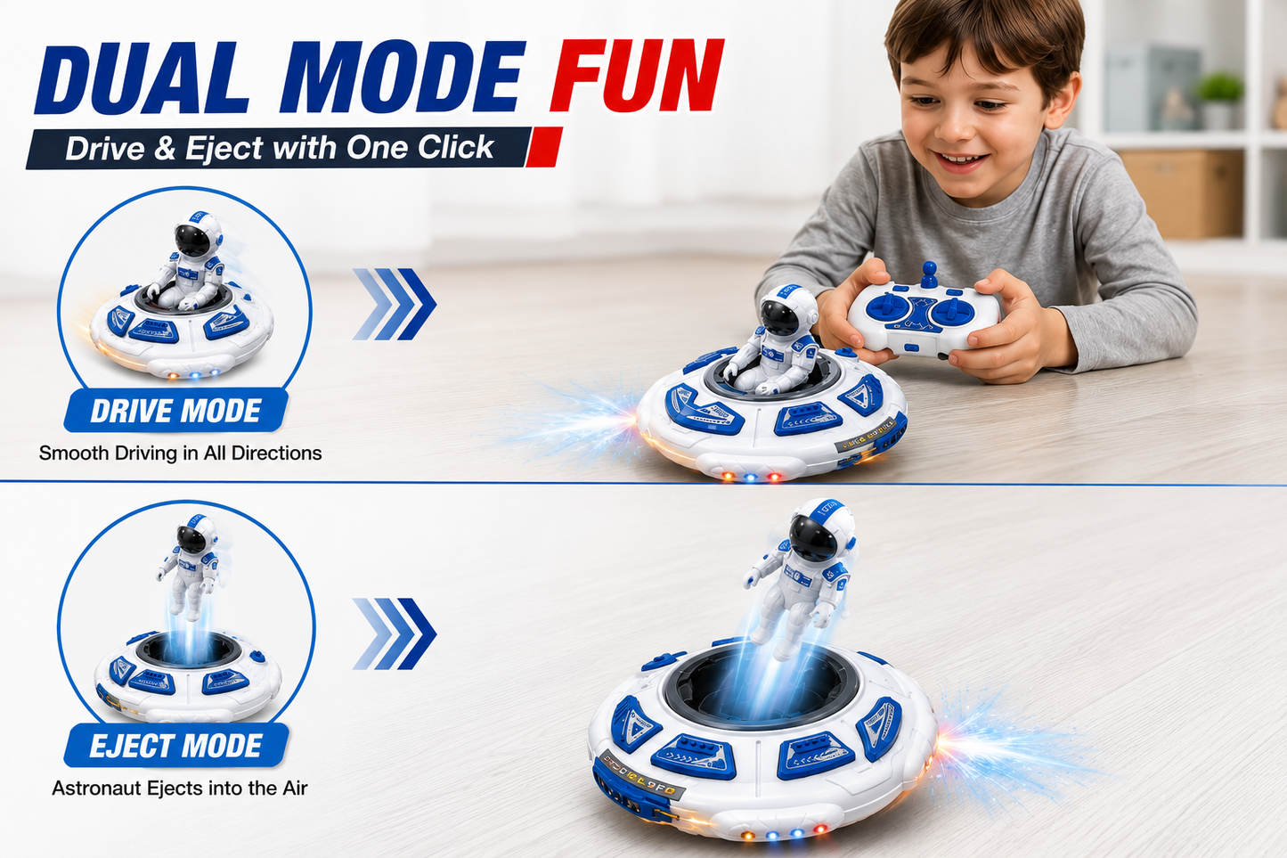 SCOFFCO OS1630 Space UFO Remote Control Battle Toy Set with Astronaut, Spray Mist, LED Lights & Sound | Rechargeable RC Flying Saucer Toy for Kids Boys & Girls Age 3+ (TZM)