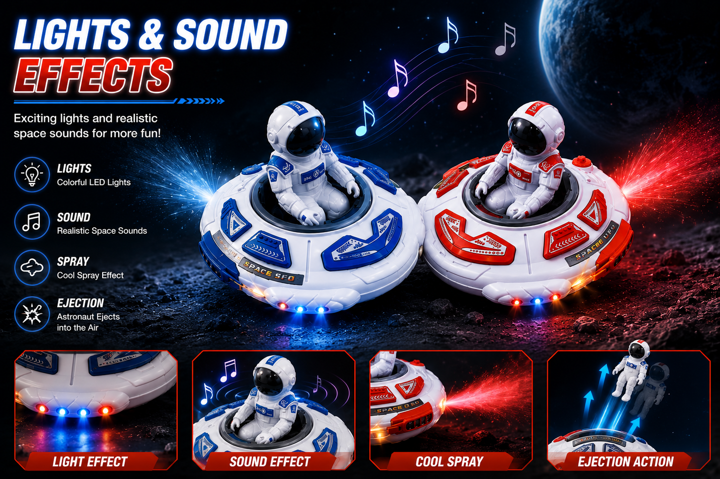 SCOFFCO OS1630 Space UFO Remote Control Battle Toy Set with Astronaut, Spray Mist, LED Lights & Sound | Rechargeable RC Flying Saucer Toy for Kids Boys & Girls Age 3+ (TZM)