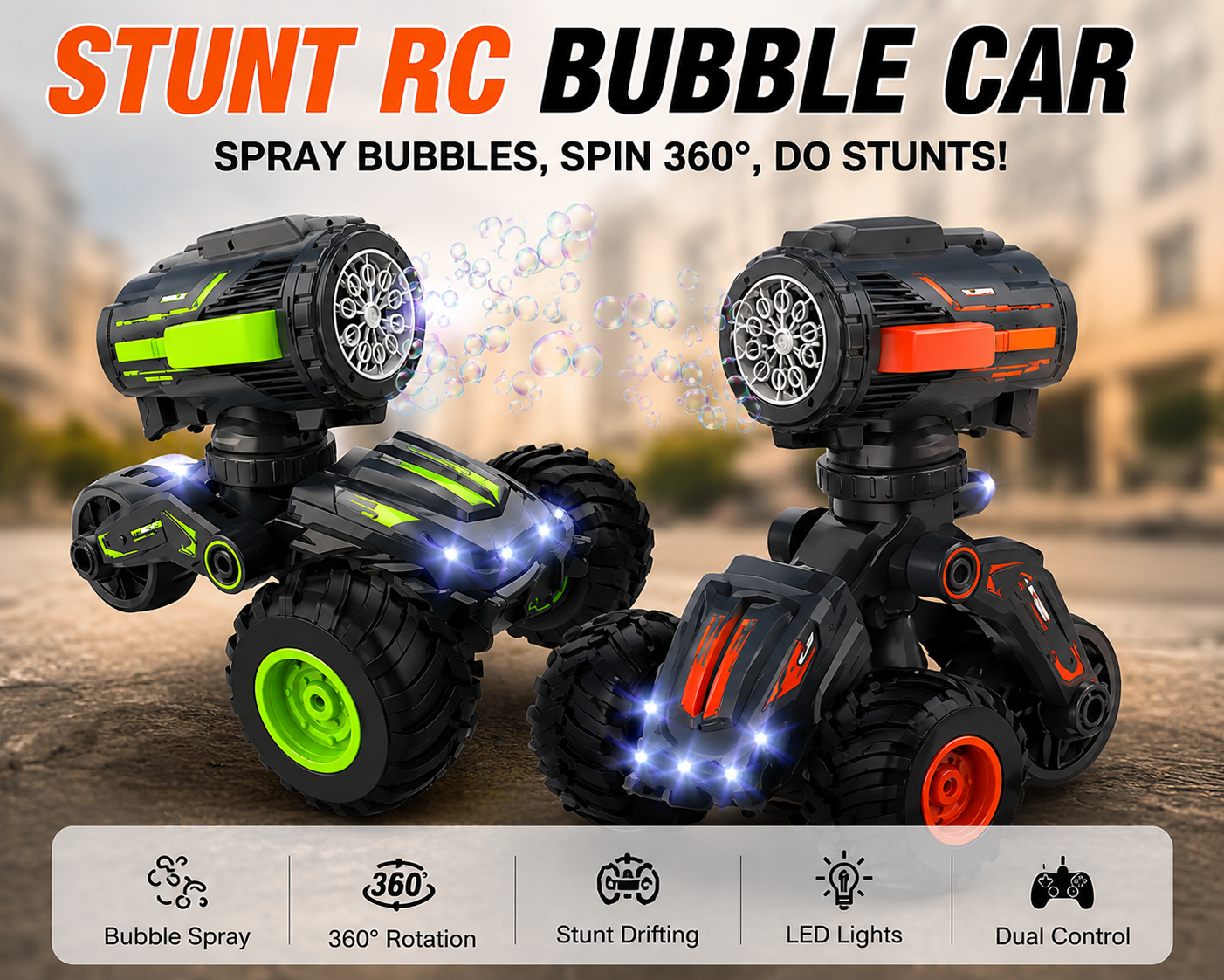 SCOFFCO OS1632 RC Stunt Bubble Car Toy with 360° Rotating Stunts, LED Lights, Bubble Blower & 2.4GHz Remote Control | Rechargeable Off-Road RC Car for Kids Boys & Girls Age 3+ (TZM)