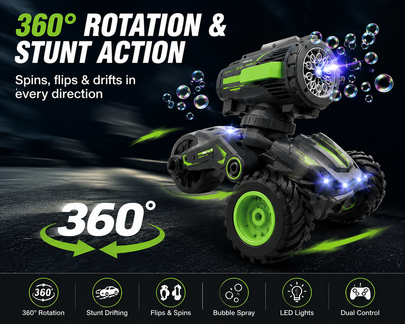 SCOFFCO OS1632 RC Stunt Bubble Car Toy with 360° Rotating Stunts, LED Lights, Bubble Blower & 2.4GHz Remote Control | Rechargeable Off-Road RC Car for Kids Boys & Girls Age 3+ (TZM)