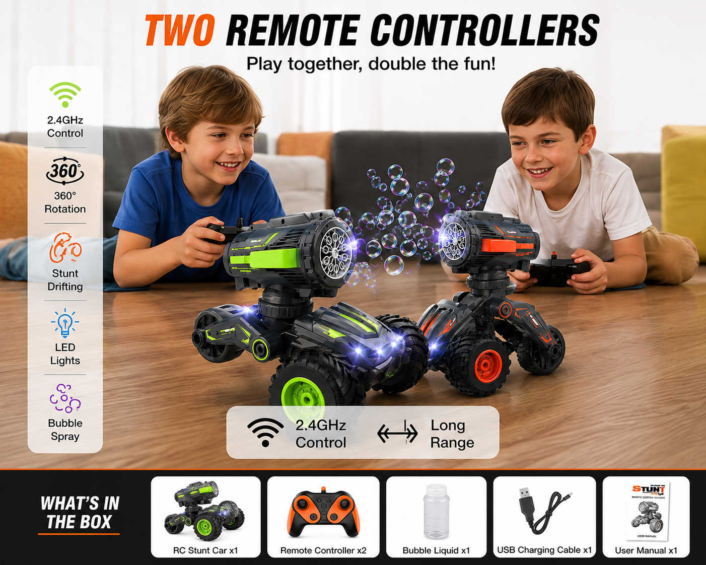 SCOFFCO OS1632 RC Stunt Bubble Car Toy with 360° Rotating Stunts, LED Lights, Bubble Blower & 2.4GHz Remote Control | Rechargeable Off-Road RC Car for Kids Boys & Girls Age 3+ (TZM)