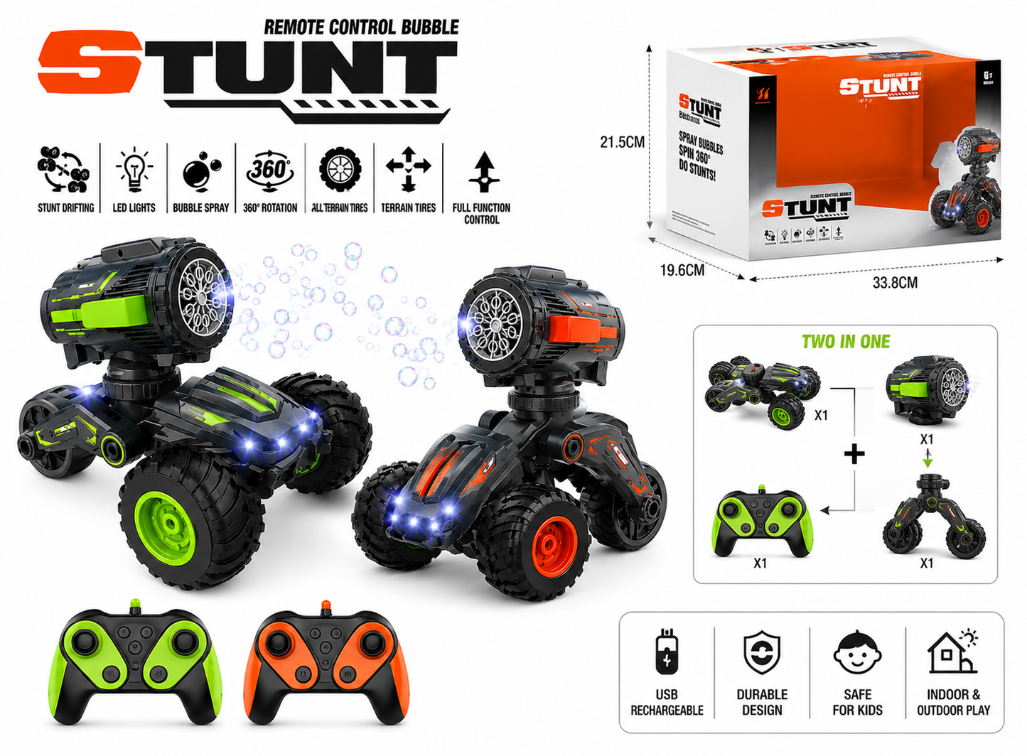 SCOFFCO OS1632 RC Stunt Bubble Car Toy with 360° Rotating Stunts, LED Lights, Bubble Blower & 2.4GHz Remote Control | Rechargeable Off-Road RC Car for Kids Boys & Girls Age 3+ (TZM)