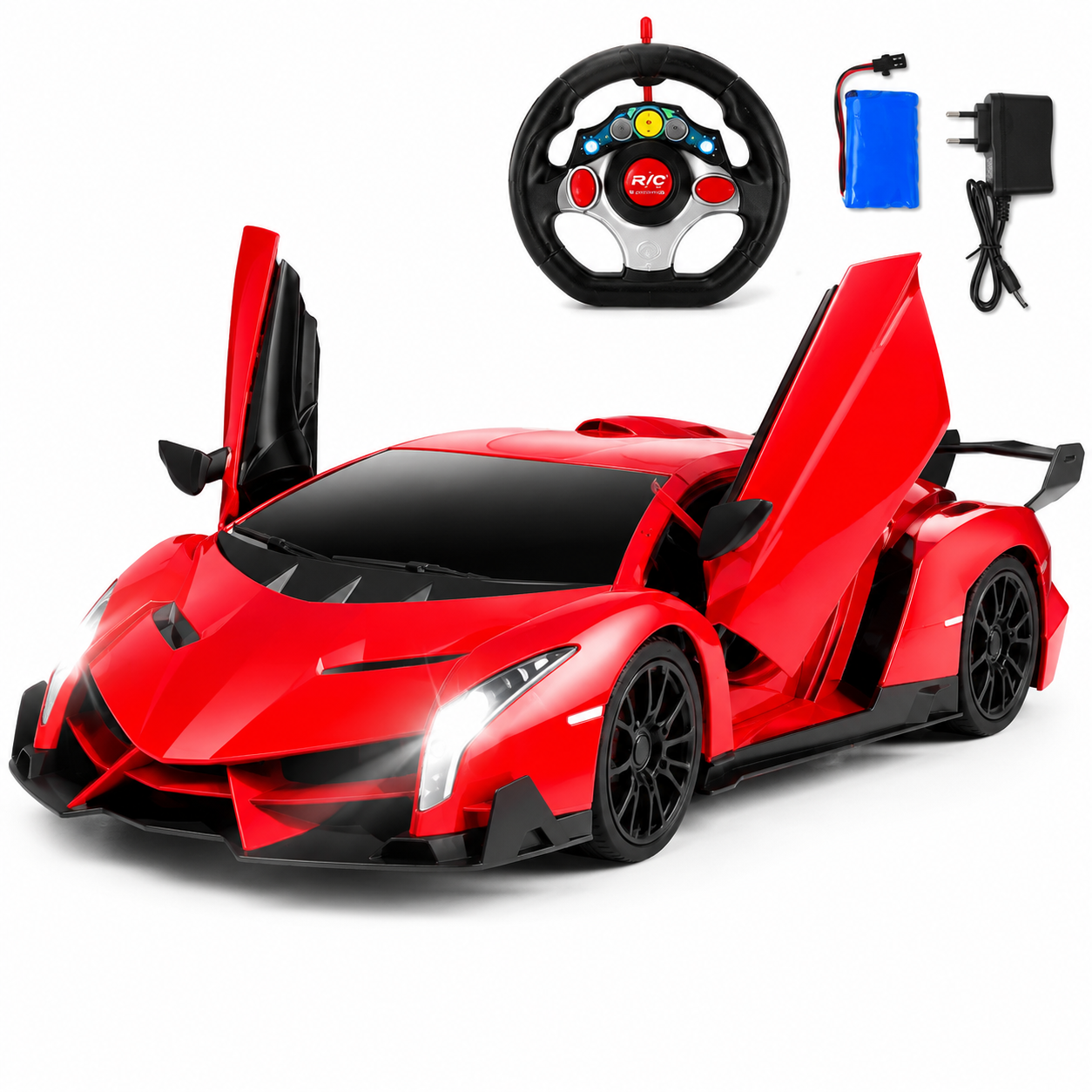 SCOFFCO OS1653 Remote Control Sports Racing Car with Steering Wheel Controller, Opening Doors, LED Lights & USB Rechargeable Battery | RC Supercar Toy for Kids Boys & Girls Age 3+ (TZM)