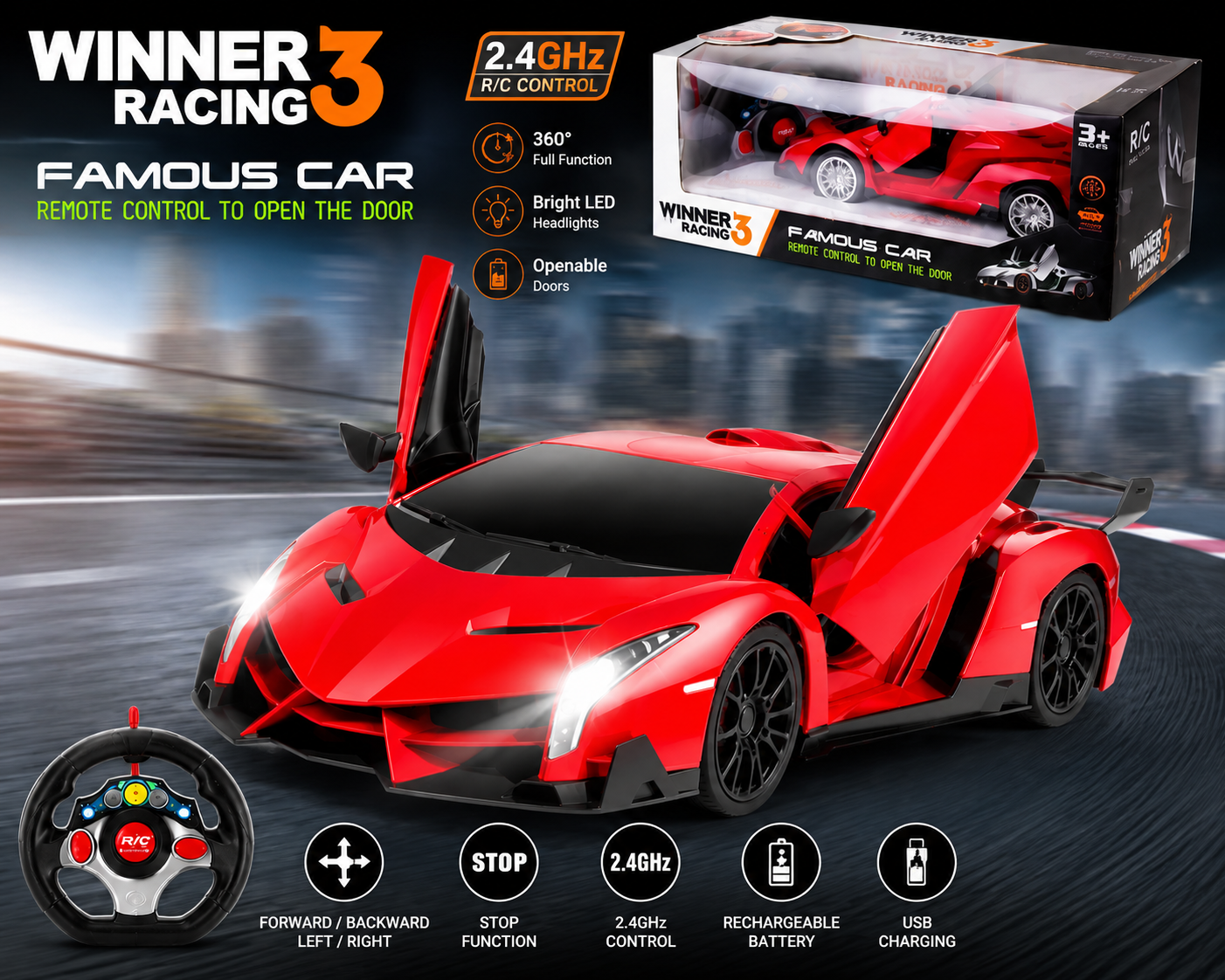 SCOFFCO OS1653 Remote Control Sports Racing Car with Steering Wheel Controller, Opening Doors, LED Lights & USB Rechargeable Battery | RC Supercar Toy for Kids Boys & Girls Age 3+ (TZM)