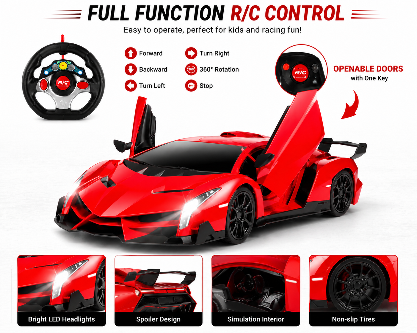 SCOFFCO OS1653 Remote Control Sports Racing Car with Steering Wheel Controller, Opening Doors, LED Lights & USB Rechargeable Battery | RC Supercar Toy for Kids Boys & Girls Age 3+ (TZM)