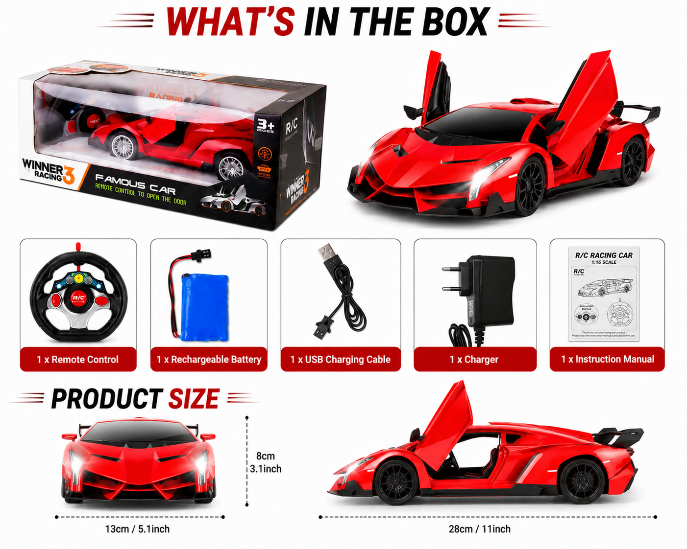 SCOFFCO OS1653 Remote Control Sports Racing Car with Steering Wheel Controller, Opening Doors, LED Lights & USB Rechargeable Battery | RC Supercar Toy for Kids Boys & Girls Age 3+ (TZM)