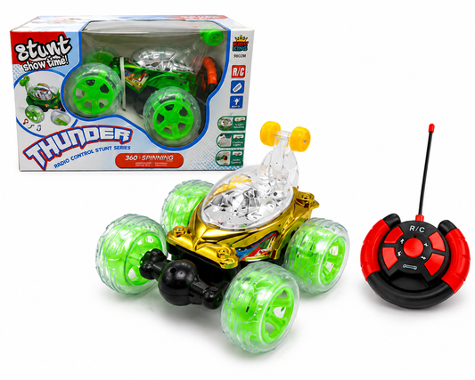 SCOFFCO OS1660 Remote Control Thunder Stunt Car | 360° Rotating RC Car with LED Lights, Music, 5-Function Remote & Rechargeable Battery for Kids (TZM)