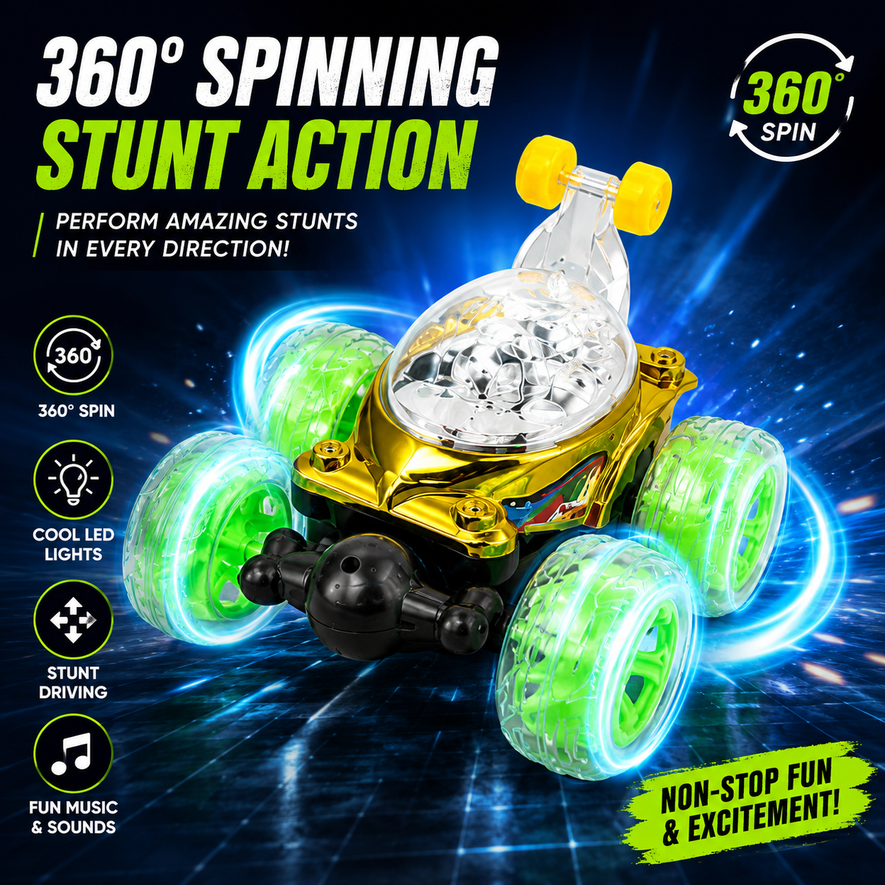 SCOFFCO OS1660 Remote Control Thunder Stunt Car | 360° Rotating RC Car with LED Lights, Music, 5-Function Remote & Rechargeable Battery for Kids (TZM)