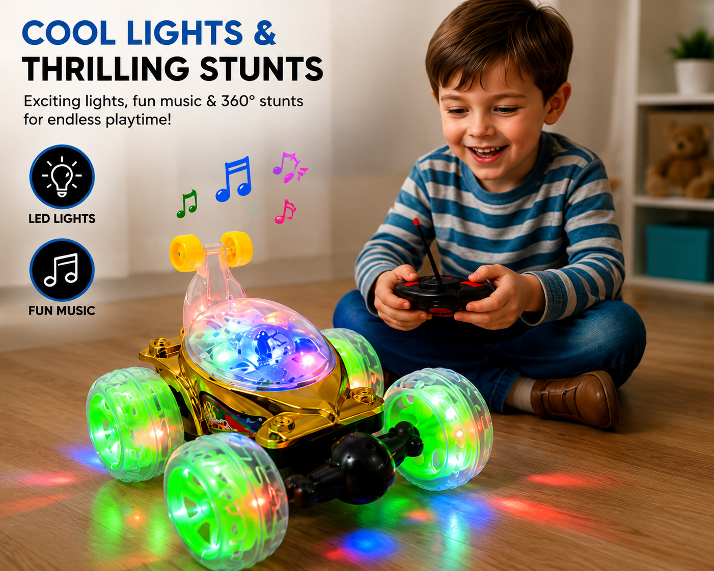 SCOFFCO OS1660 Remote Control Thunder Stunt Car | 360° Rotating RC Car with LED Lights, Music, 5-Function Remote & Rechargeable Battery for Kids (TZM)