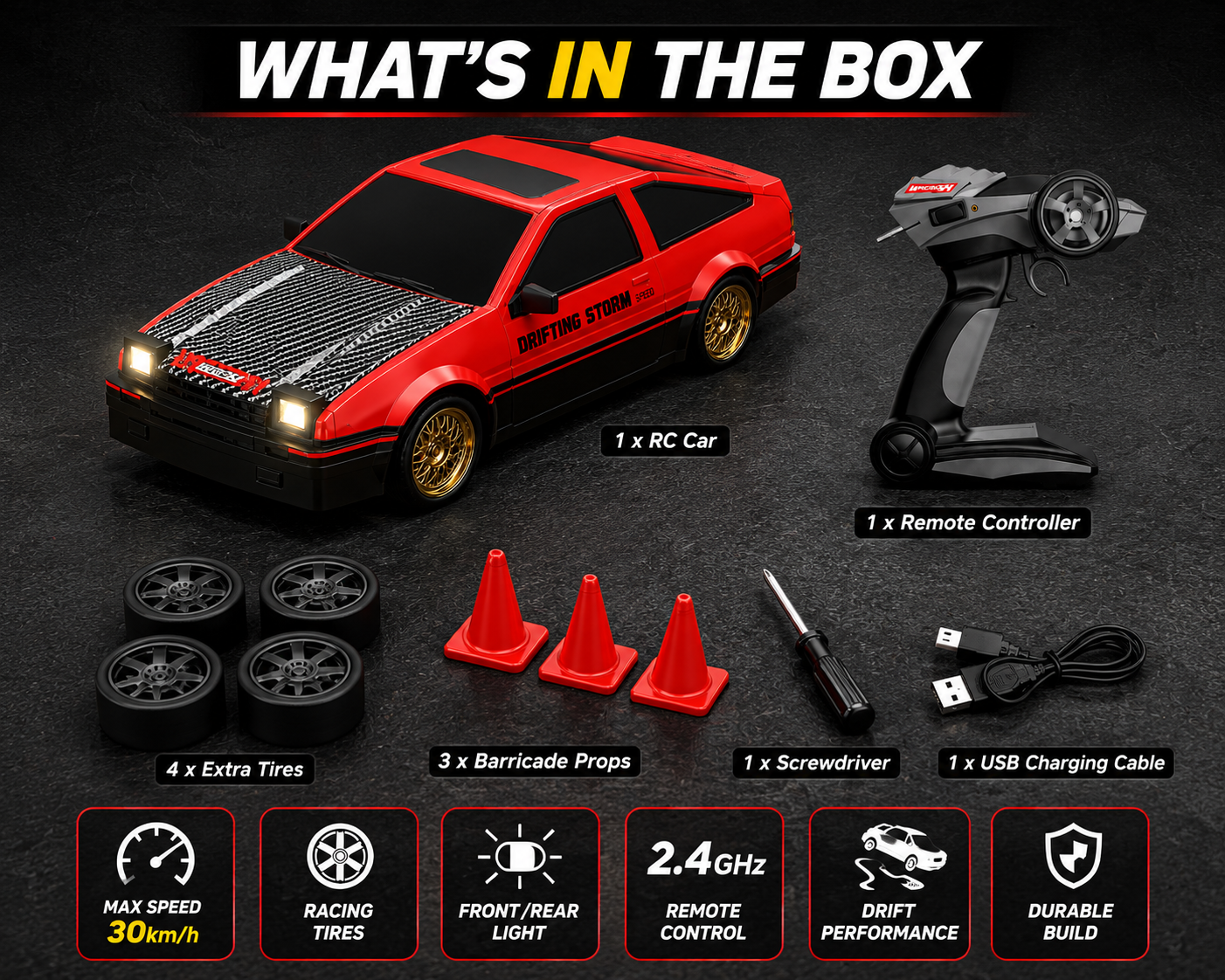 SCOFFCO OS1715 1:16 Scale RC Retro Drift Car | 2.4GHz Remote Control Racing Car with LED Lights, 30km/h High Speed, Extra Drift Tires, USB Rechargeable Battery for Kids Boys & Girls (TZM)