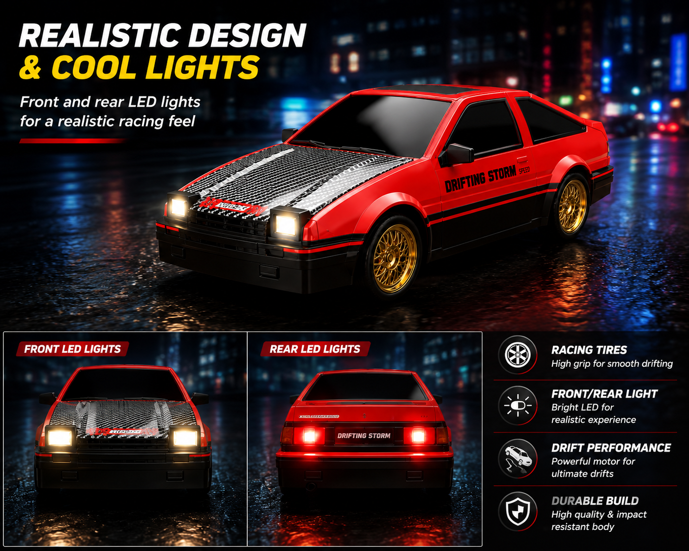 SCOFFCO OS1715 1:16 Scale RC Retro Drift Car | 2.4GHz Remote Control Racing Car with LED Lights, 30km/h High Speed, Extra Drift Tires, USB Rechargeable Battery for Kids Boys & Girls (TZM)