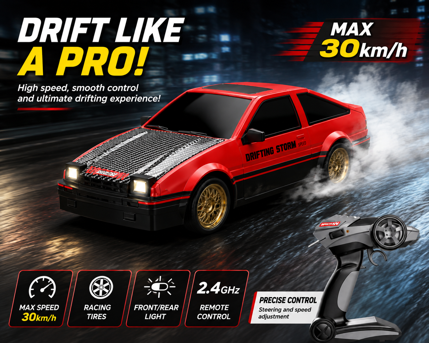 SCOFFCO OS1715 1:16 Scale RC Retro Drift Car | 2.4GHz Remote Control Racing Car with LED Lights, 30km/h High Speed, Extra Drift Tires, USB Rechargeable Battery for Kids Boys & Girls (TZM)