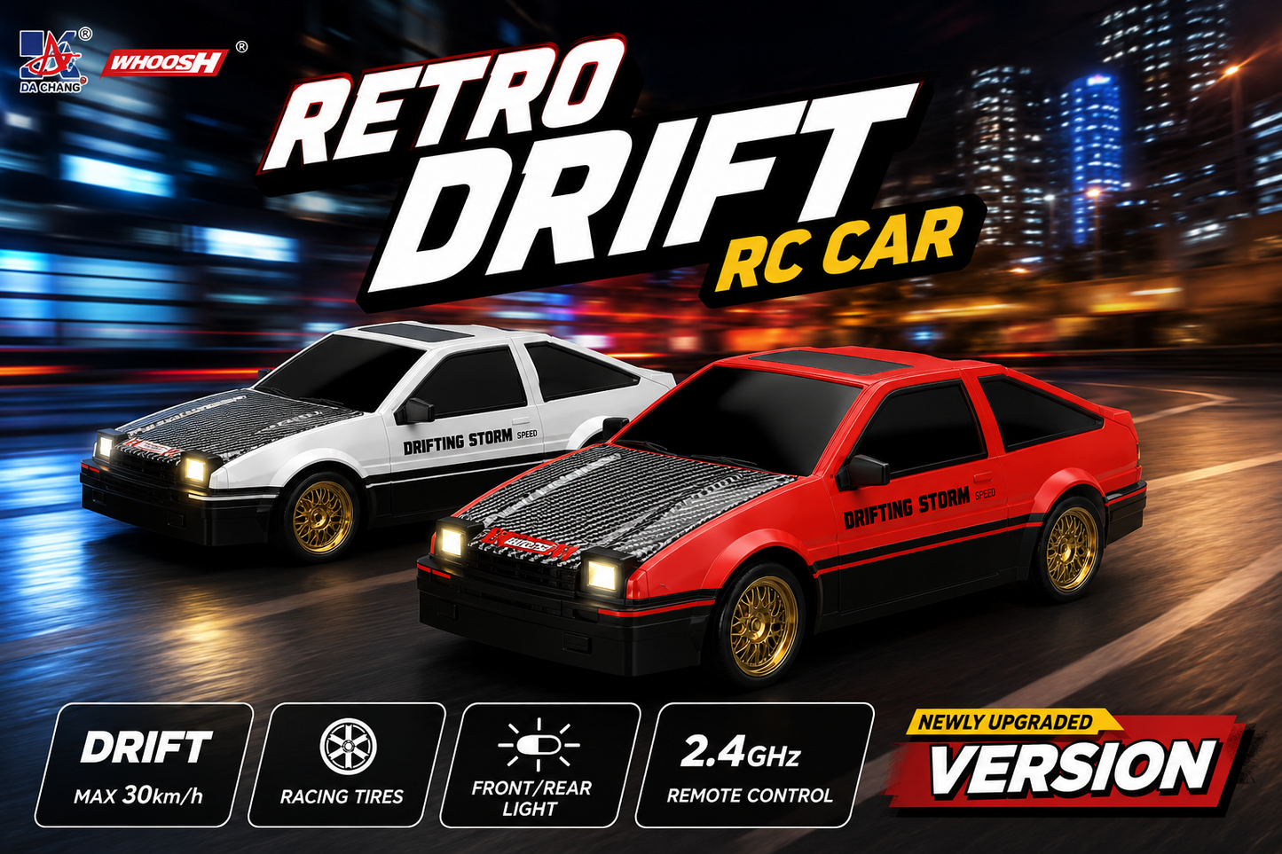 SCOFFCO OS1715 1:16 Scale RC Retro Drift Car | 2.4GHz Remote Control Racing Car with LED Lights, 30km/h High Speed, Extra Drift Tires, USB Rechargeable Battery for Kids Boys & Girls (TZM)