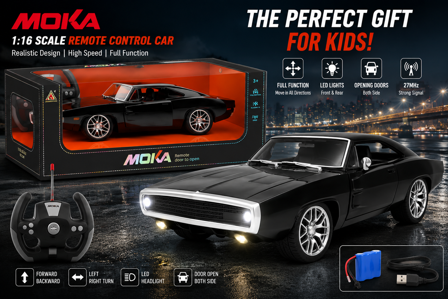 SCOFFCO OS1576 1:10 Scale RC Muscle Car | Remote Control Sports Car with Automatic Door Opening, LED Lights & Rechargeable Battery | Gift for Kids Boys & Girls (TZM)