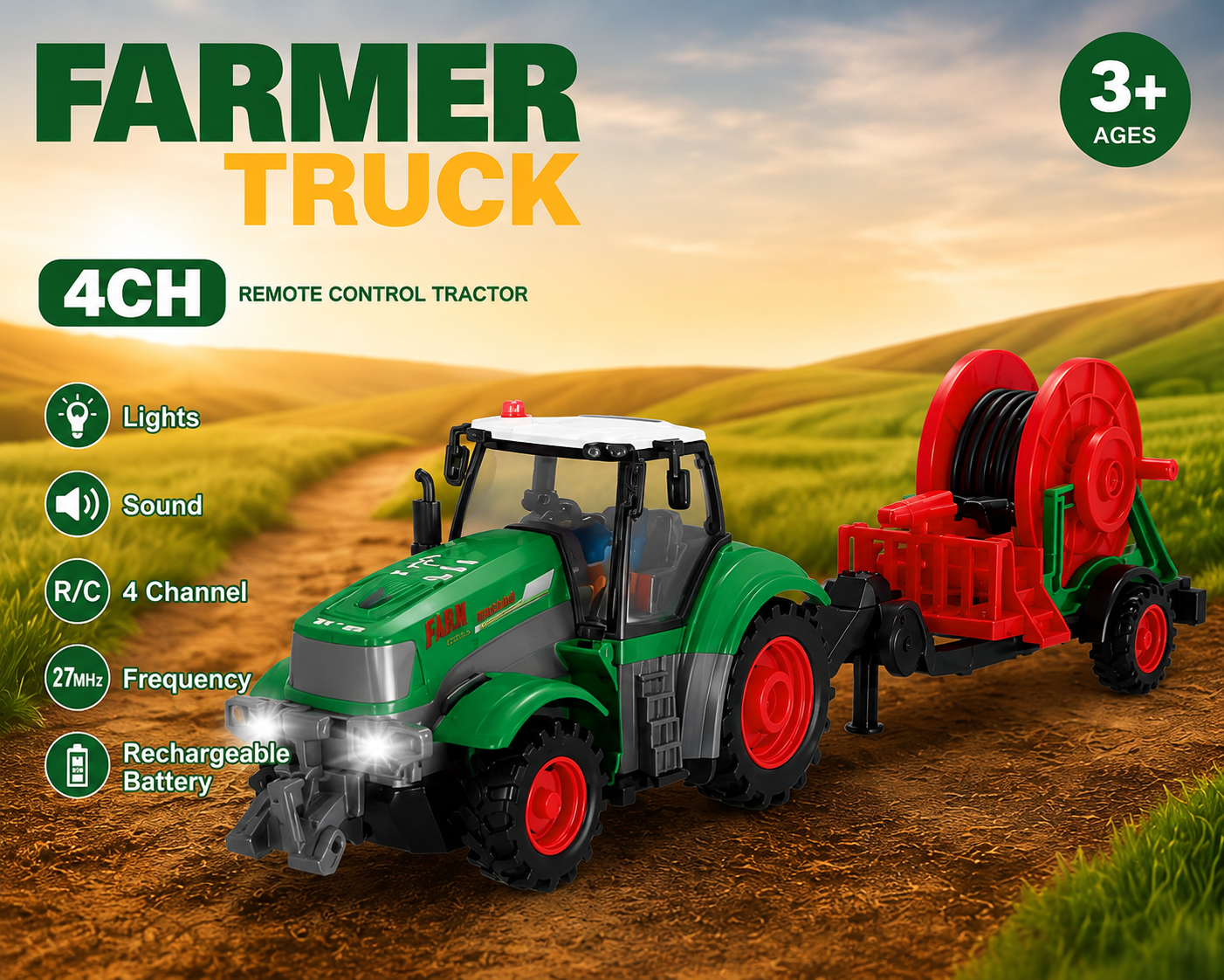 SCOFFCO OS1582 1:24 Scale RC Farm Tractor with Water Tank Trailer | 27MHz Remote Control Farming Vehicle | Rechargeable Battery | Gift for Kids Boys & Girls (TZM)