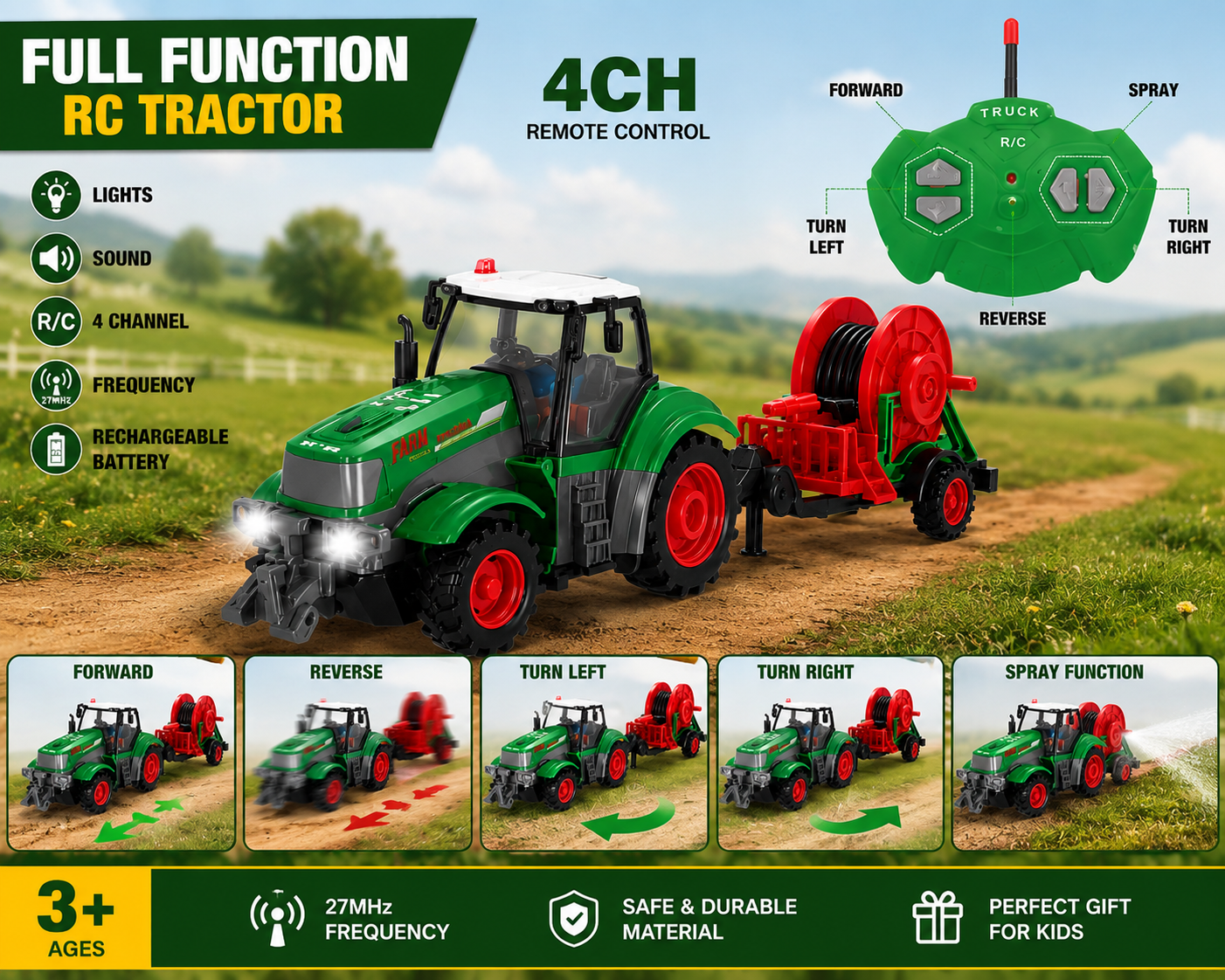 SCOFFCO OS1582 1:24 Scale RC Farm Tractor with Water Tank Trailer | 27MHz Remote Control Farming Vehicle | Rechargeable Battery | Gift for Kids Boys & Girls (TZM)