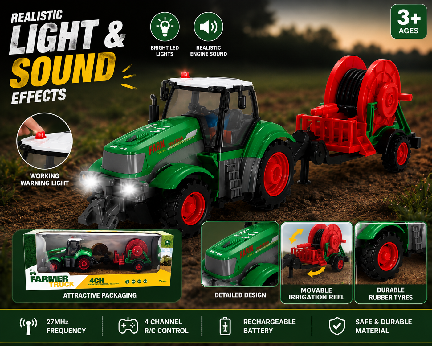 SCOFFCO OS1582 1:24 Scale RC Farm Tractor with Water Tank Trailer | 27MHz Remote Control Farming Vehicle | Rechargeable Battery | Gift for Kids Boys & Girls (TZM)