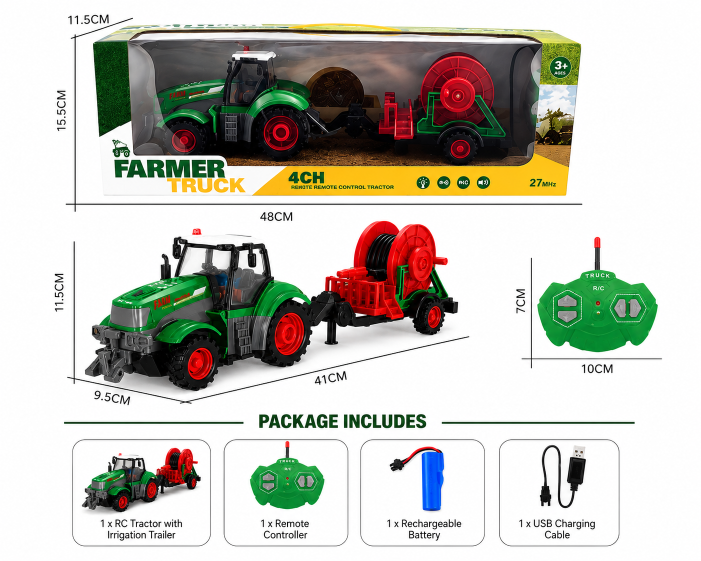 SCOFFCO OS1582 1:24 Scale RC Farm Tractor with Water Tank Trailer | 27MHz Remote Control Farming Vehicle | Rechargeable Battery | Gift for Kids Boys & Girls (TZM)