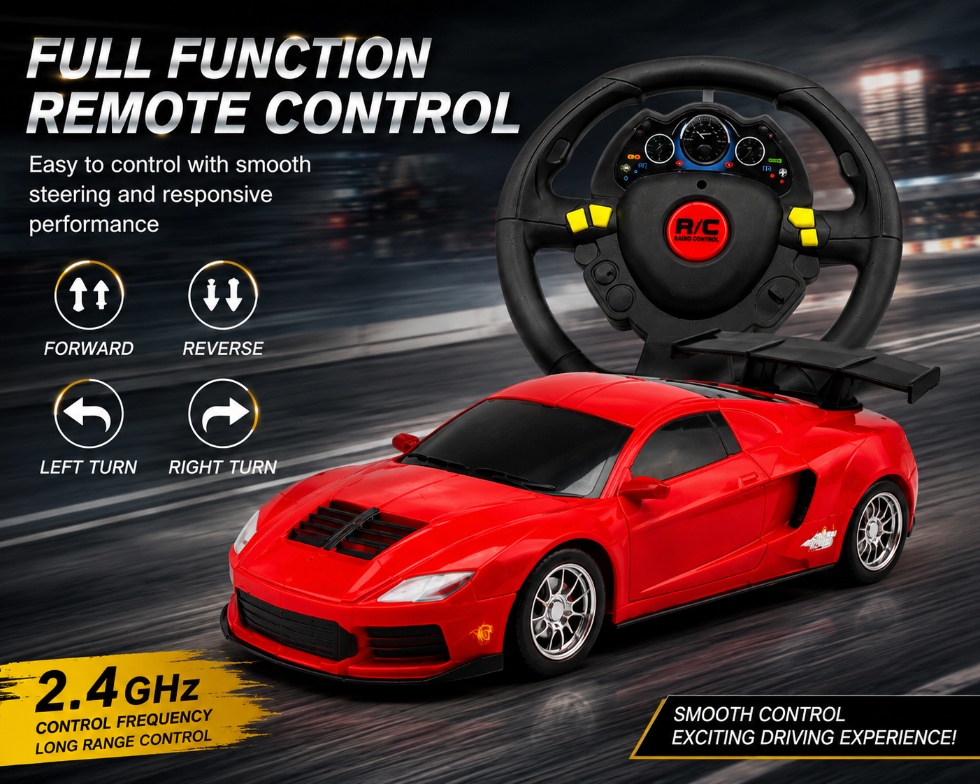 SCOFFCO OS1590 1:18 Scale RC Sports Car with Steering Wheel Controller | Remote Control Racing Car with LED Lights | Rechargeable High-Speed Toy | Gift for Kids Boys & Girls (TZM)