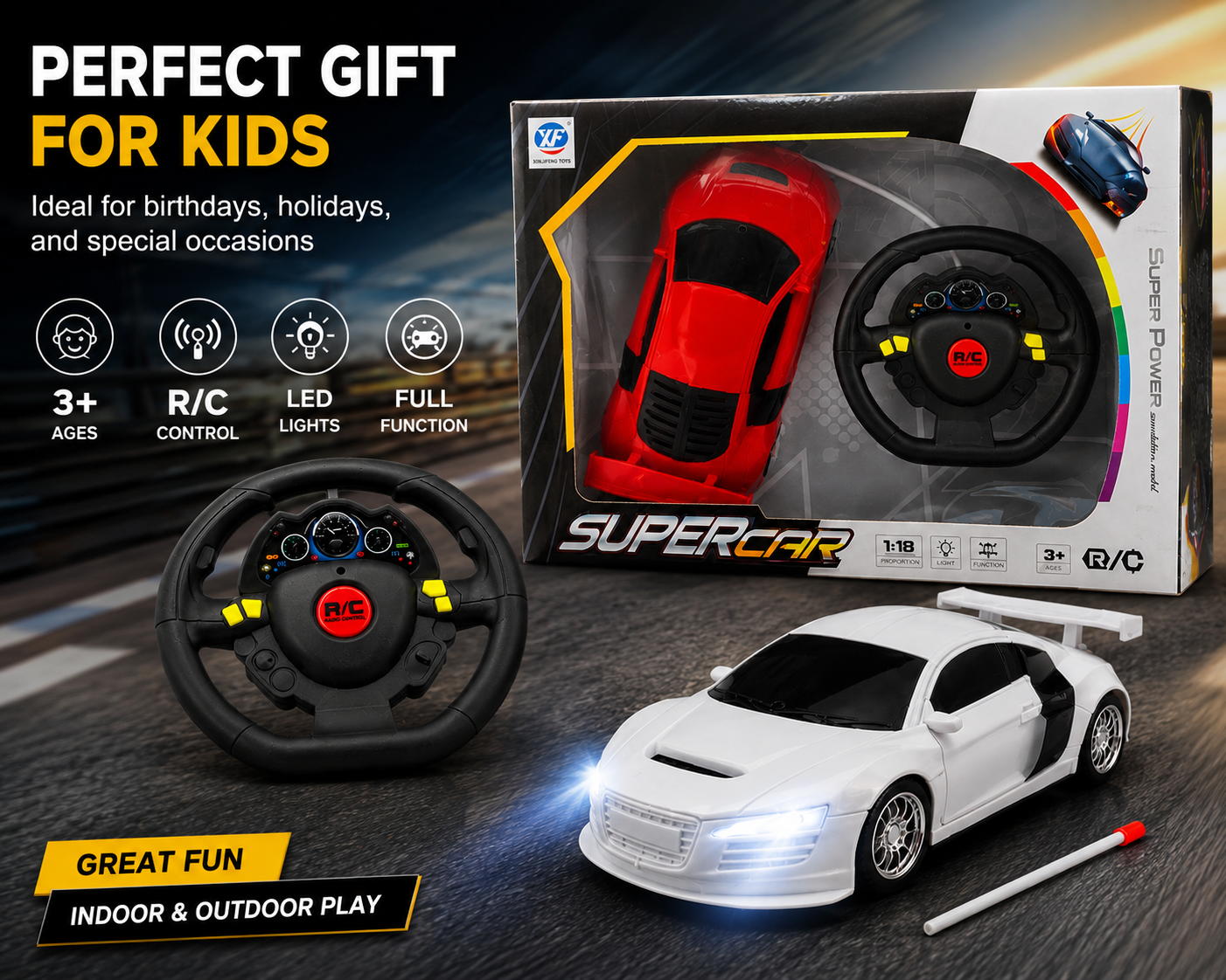 SCOFFCO OS1590 1:18 Scale RC Sports Car with Steering Wheel Controller | Remote Control Racing Car with LED Lights | Rechargeable High-Speed Toy | Gift for Kids Boys & Girls (TZM)