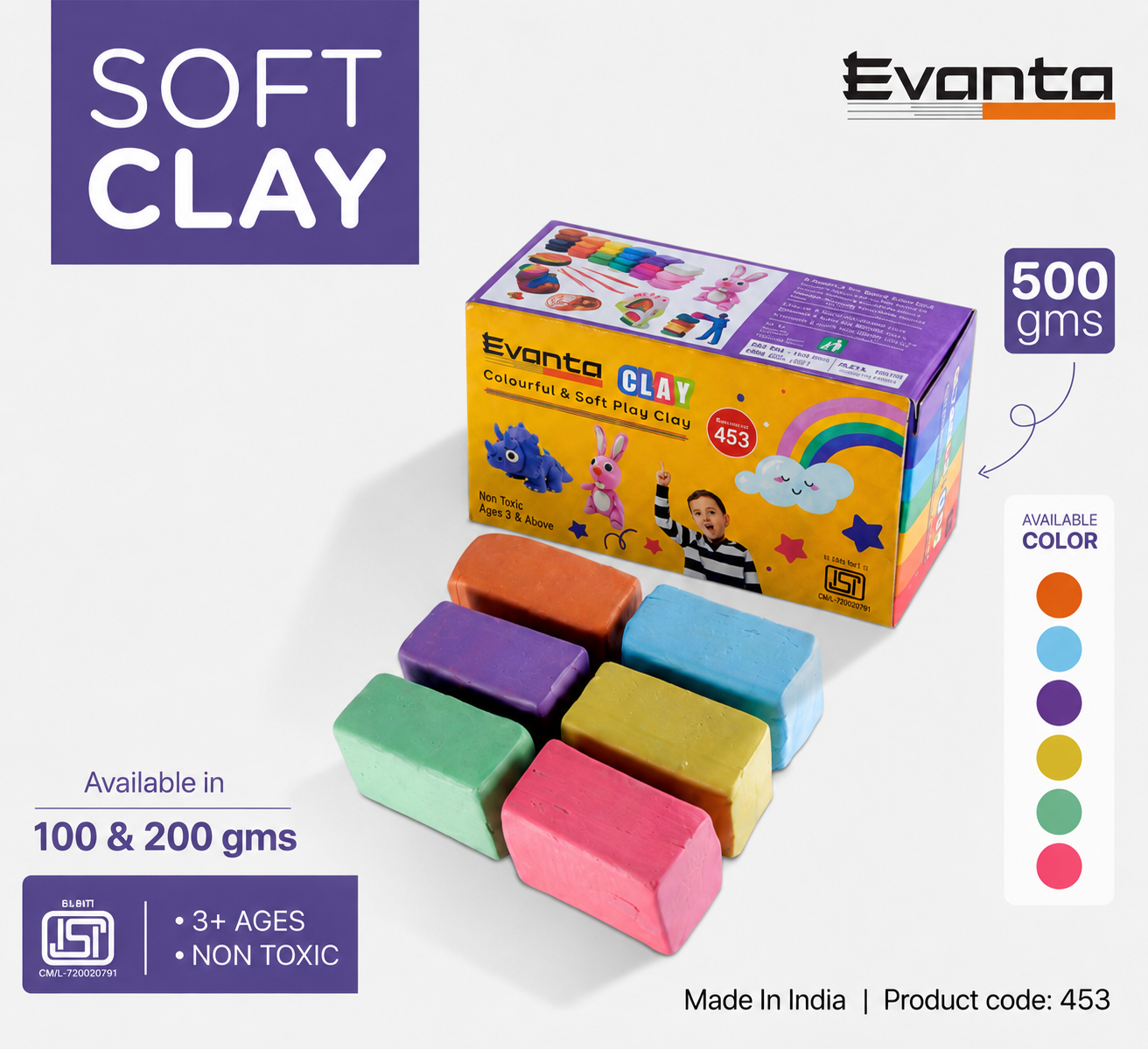 Ajanta Evanta Soft Clay 500g No. 453 | 6 Bright Colours Modelling Clay for Kids | Non-Toxic & Safe Play Dough | DIY Art & Craft, School Projects & Creative Learning | MRP ₹160