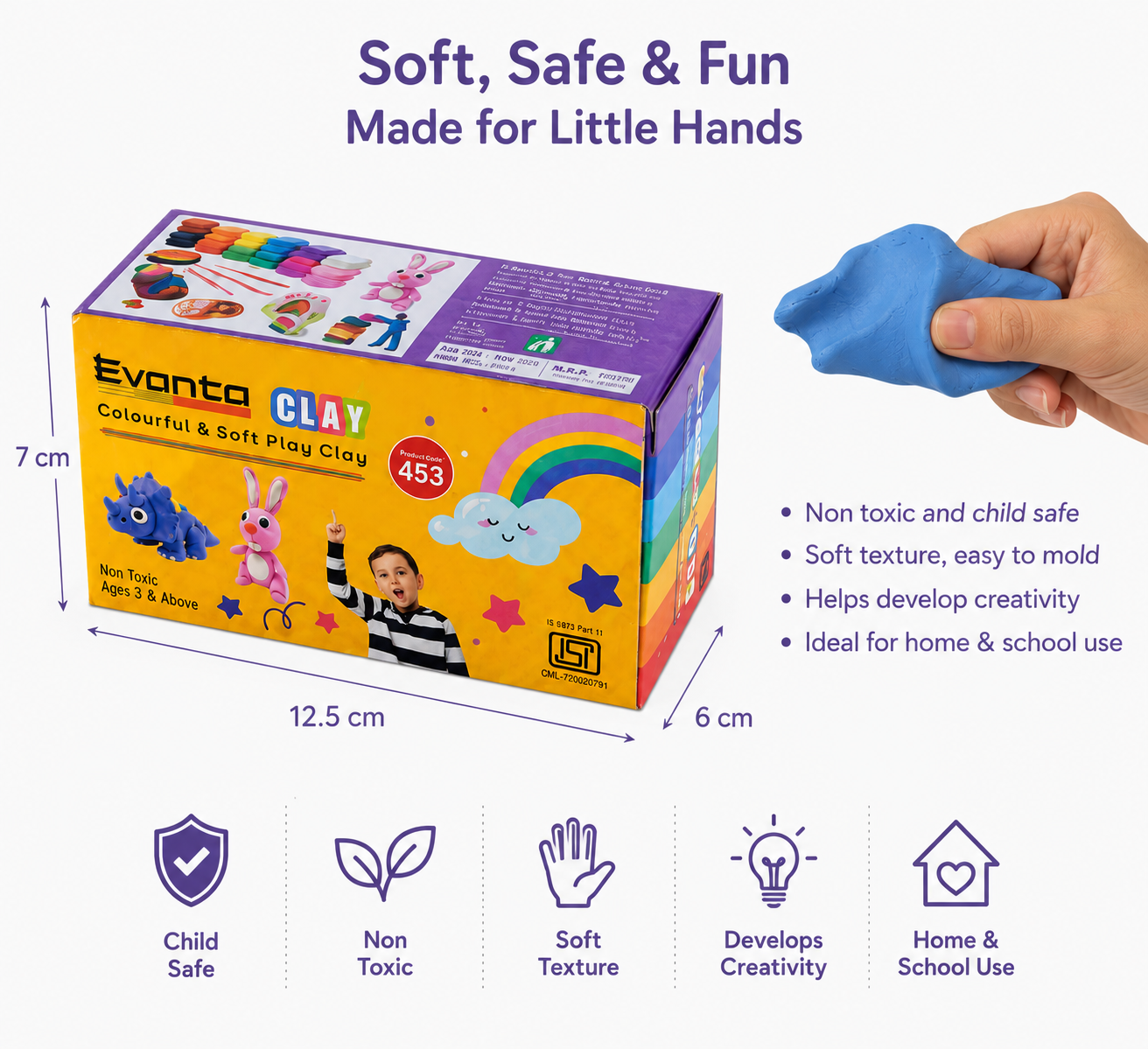 Ajanta Evanta Soft Clay 500g No. 453 | 6 Bright Colours Modelling Clay for Kids | Non-Toxic & Safe Play Dough | DIY Art & Craft, School Projects & Creative Learning | MRP ₹160