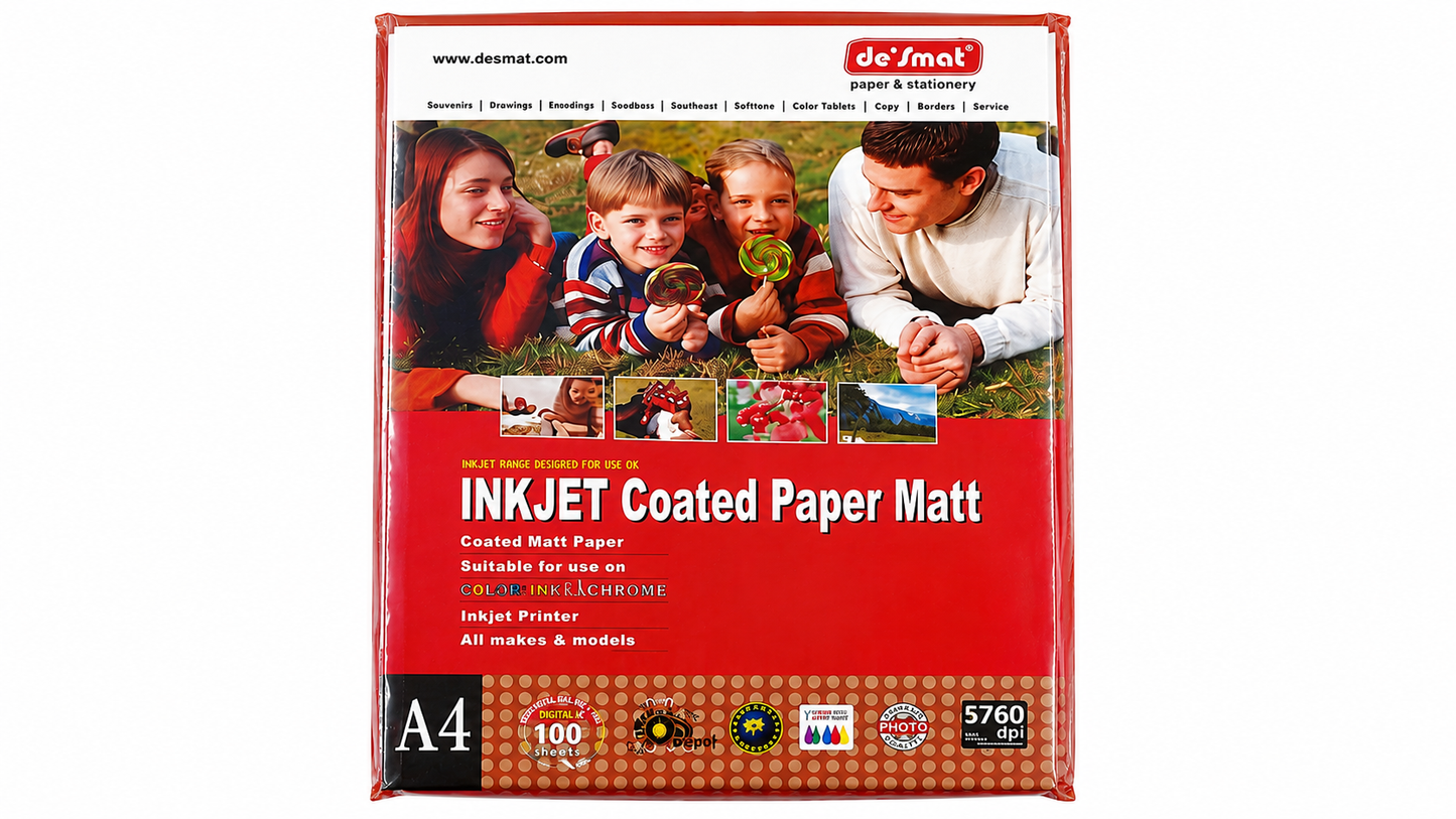 DESMAT Coated Photo Paper A4 Size 120 GSM (CPI120) – High Resolution Inkjet Printing Paper, 100 Sheets Pack