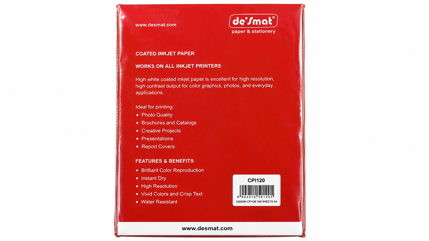 DESMAT Coated Photo Paper A4 Size 120 GSM (CPI120) – High Resolution Inkjet Printing Paper, 100 Sheets Pack