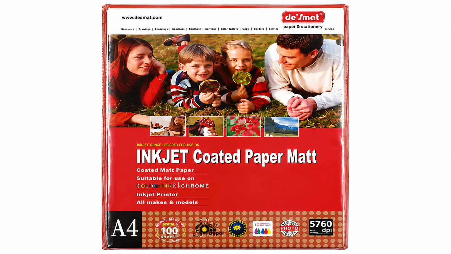 DESMAT Coated Photo Paper A4 Size 120 GSM (CPI120) – High Resolution Inkjet Printing Paper, 100 Sheets Pack