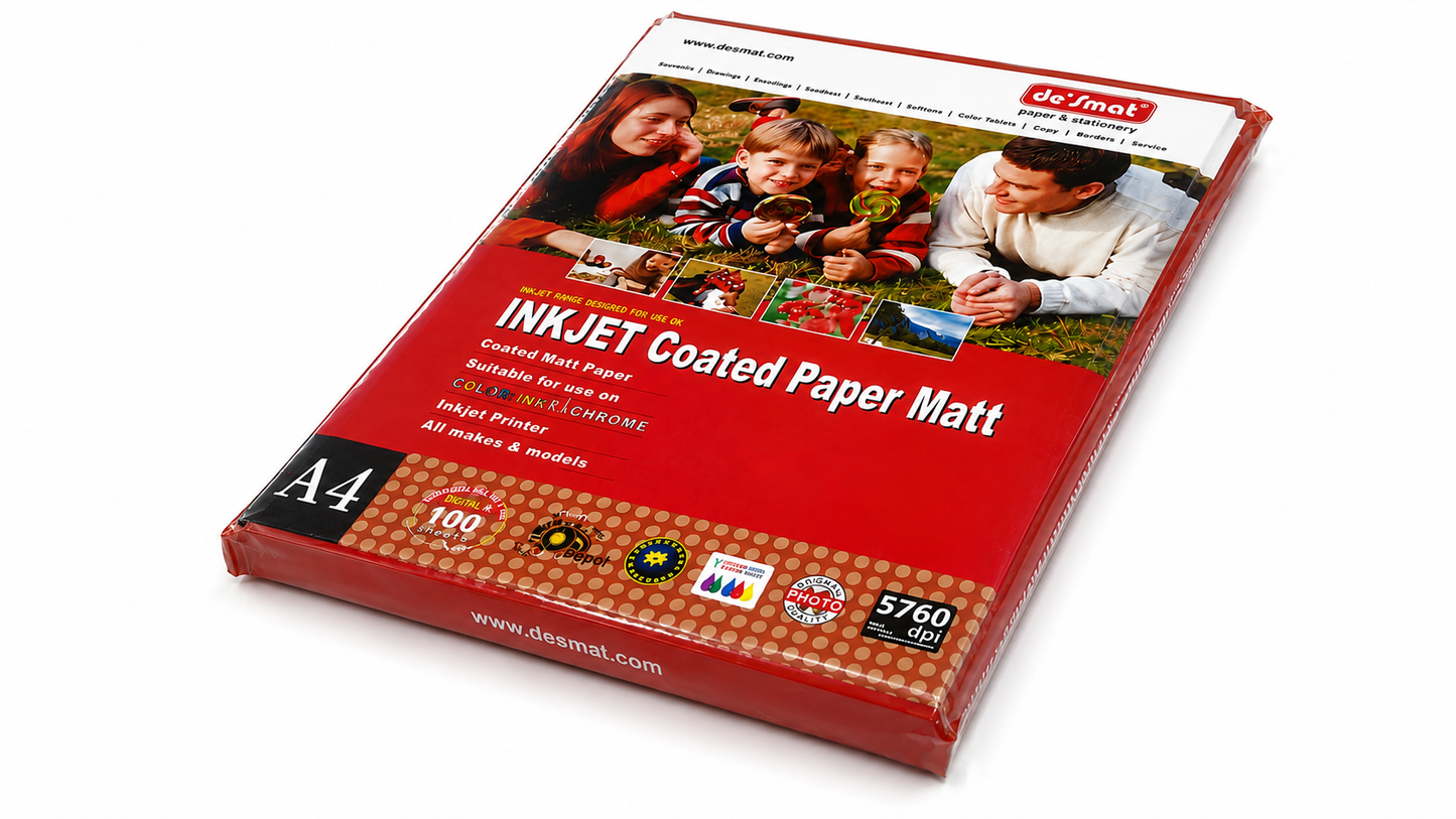 DESMAT Coated Photo Paper A4 Size 120 GSM (CPI120) – High Resolution Inkjet Printing Paper, 100 Sheets Pack