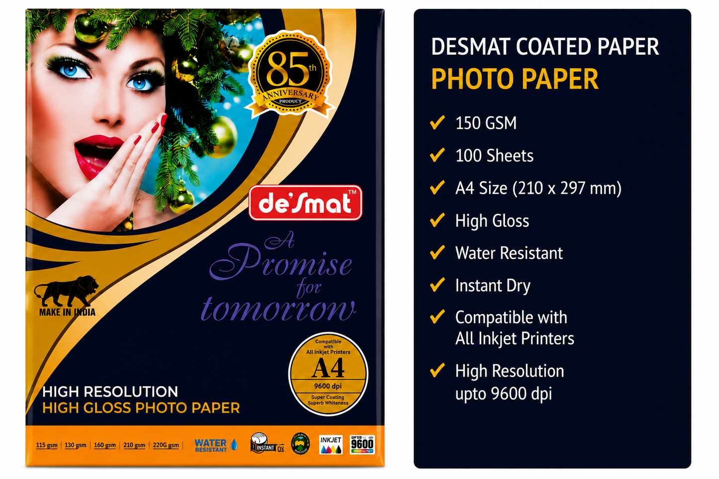 DESMAT Coated Photo Paper 150 GSM A4 Size (210 x 297 mm) | High Gloss Inkjet Photo Paper | 100 Sheets | Instant Dry | Water Resistant | High Resolution 9600 DPI | Compatible with All Inkjet Printers | CPI150