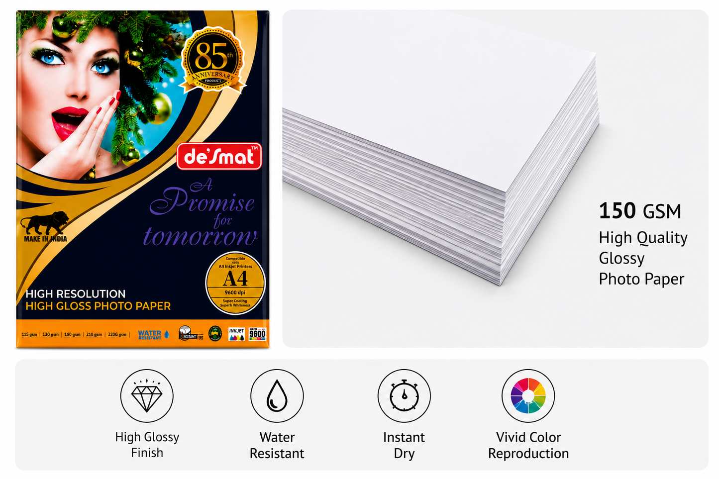 DESMAT Coated Photo Paper 150 GSM A4 Size (210 x 297 mm) | High Gloss Inkjet Photo Paper | 100 Sheets | Instant Dry | Water Resistant | High Resolution 9600 DPI | Compatible with All Inkjet Printers | CPI150
