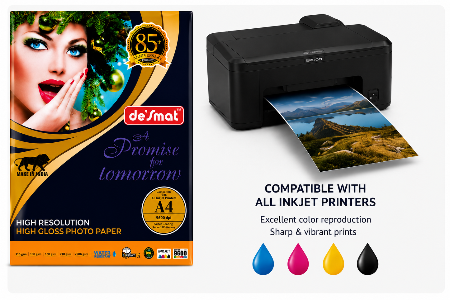 DESMAT Coated Photo Paper 150 GSM A4 Size (210 x 297 mm) | High Gloss Inkjet Photo Paper | 100 Sheets | Instant Dry | Water Resistant | High Resolution 9600 DPI | Compatible with All Inkjet Printers | CPI150